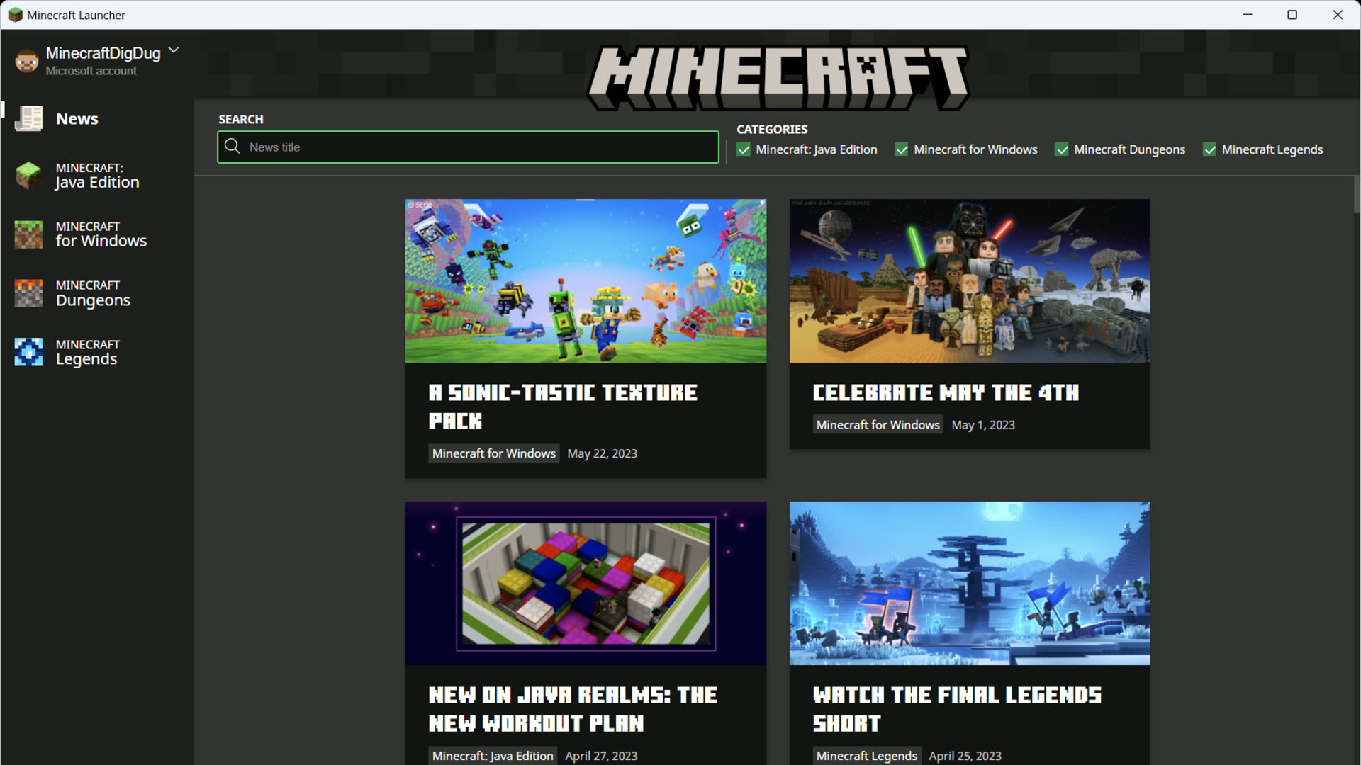 לוח מהיר Play ב-Minecraft Launcher עם עולמות אחרונים