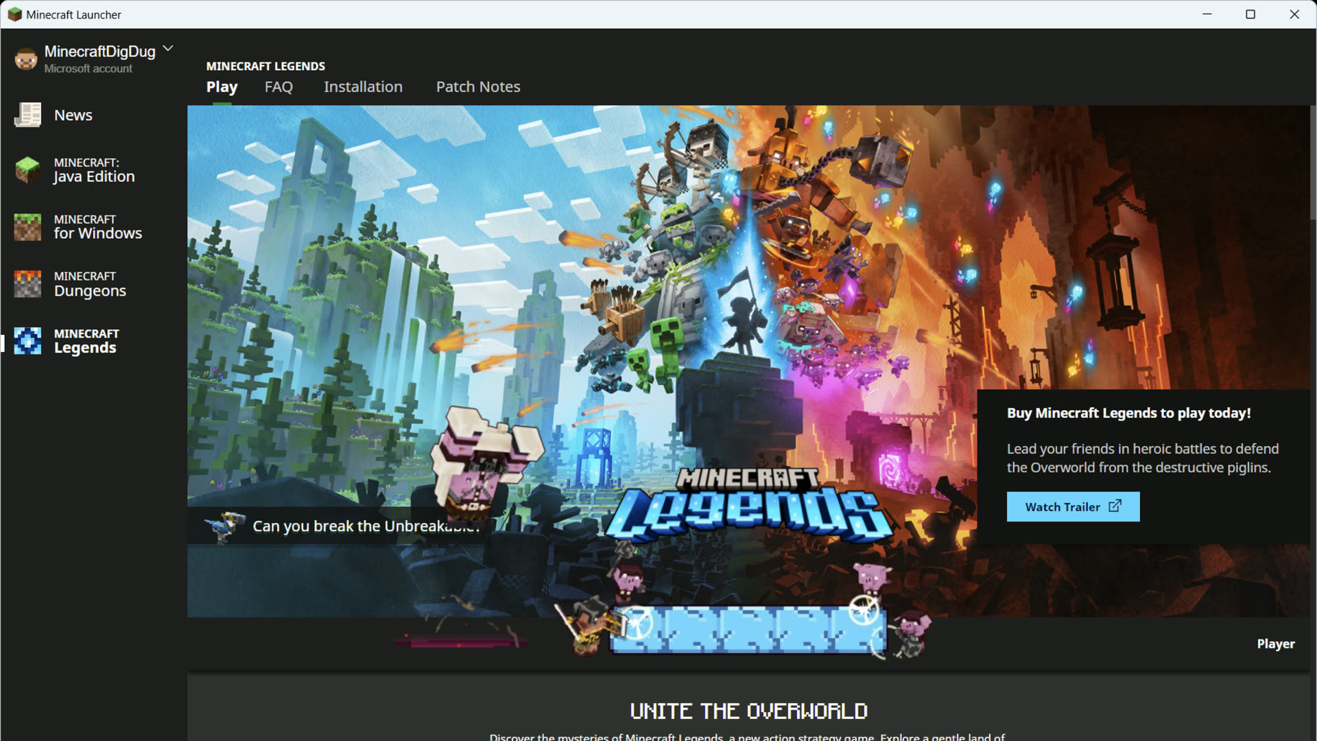 Minecraft Launcher רשמי המציג כרטיסי מהדורות ולוח חדשות אחרונות