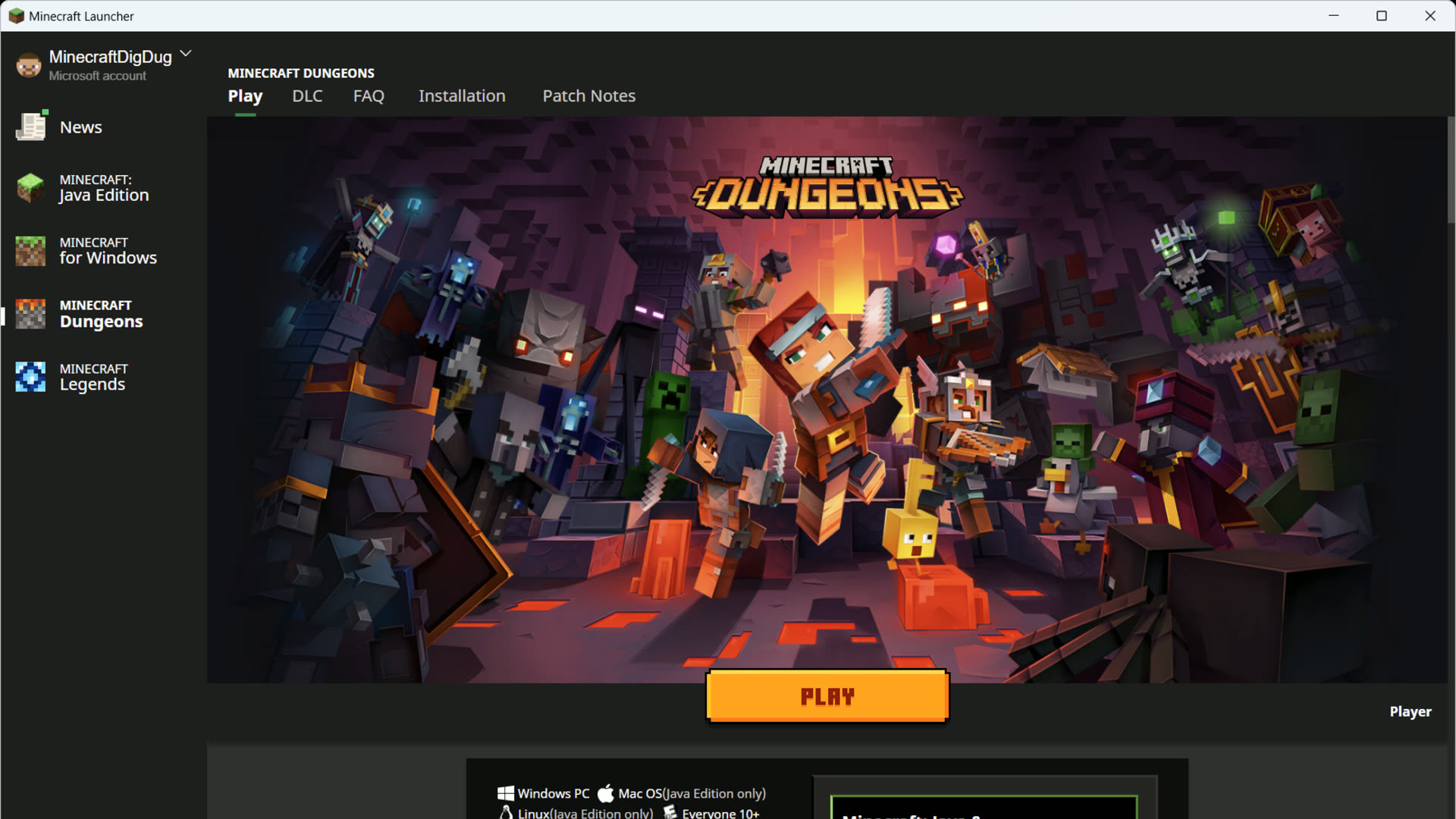 מסך הבית הרשמי של Minecraft Launcher עם סרגל מהדורות וכפתור Play